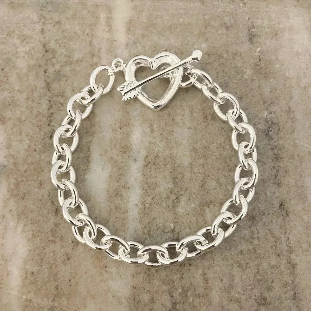 925 Sterling Silver Chunky Heart & Arrow Toggle Bracelet Chain Link Bracelet